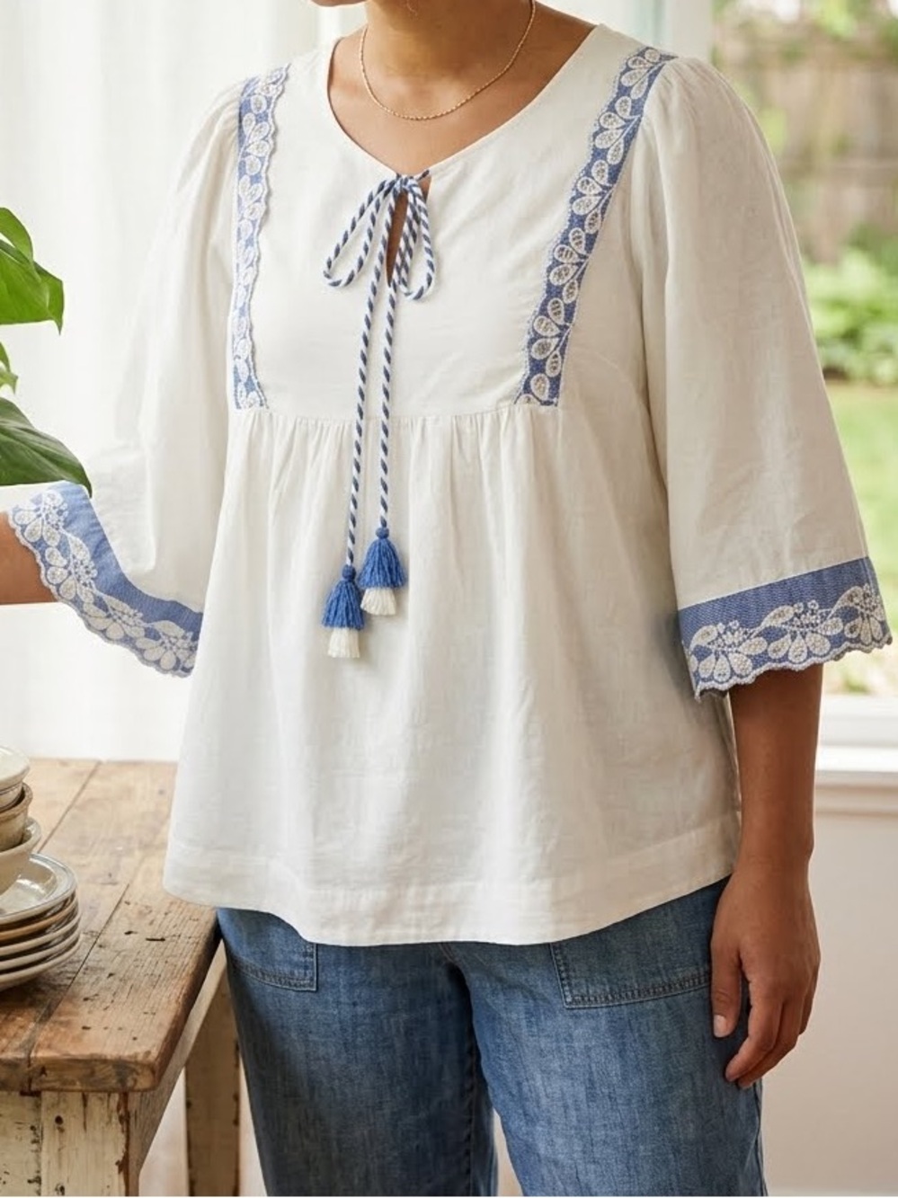 Farmers Market White Cotton Peasant Tunic Blue Embroidery Eyelet XL Boho